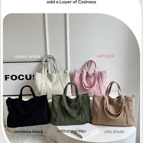 Beige Large Corduroy Tote Bag for Women - Versatile Travel & Work Companion - Picture 6 of 6